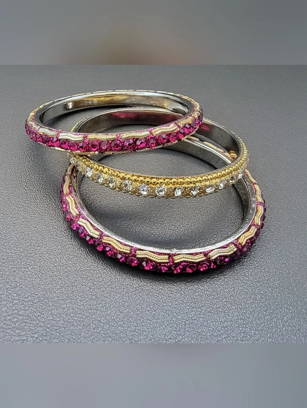 Children's Rhinestone Bangle Bracelet Set Pink & Clear Crystal Gold Tone